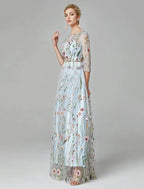 Sunnderly A-Line Evening Gown Party Dress Floral Dress Holiday Wedding Guest Floor Length 3/4 Length Sleeve Illusion Neck Lace with Embroidery