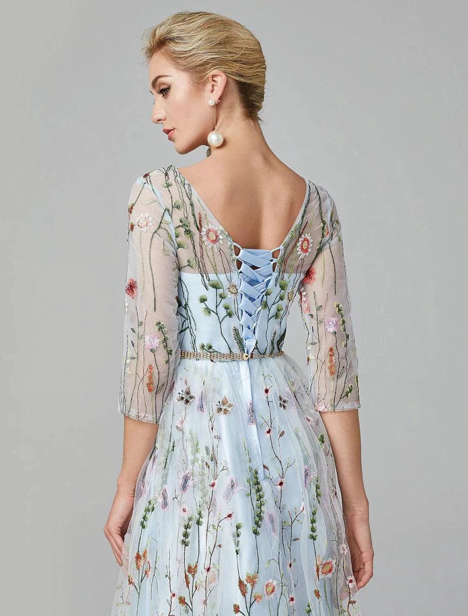 Sunnderly A-Line Evening Gown Party Dress Floral Dress Holiday Wedding Guest Floor Length 3/4 Length Sleeve Illusion Neck Lace with Embroidery