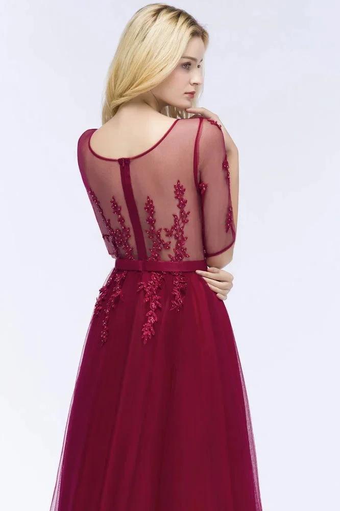 A-line Floor Length Appliques Tulle Bridesmaid Dress Half Sleeve Evening Dress