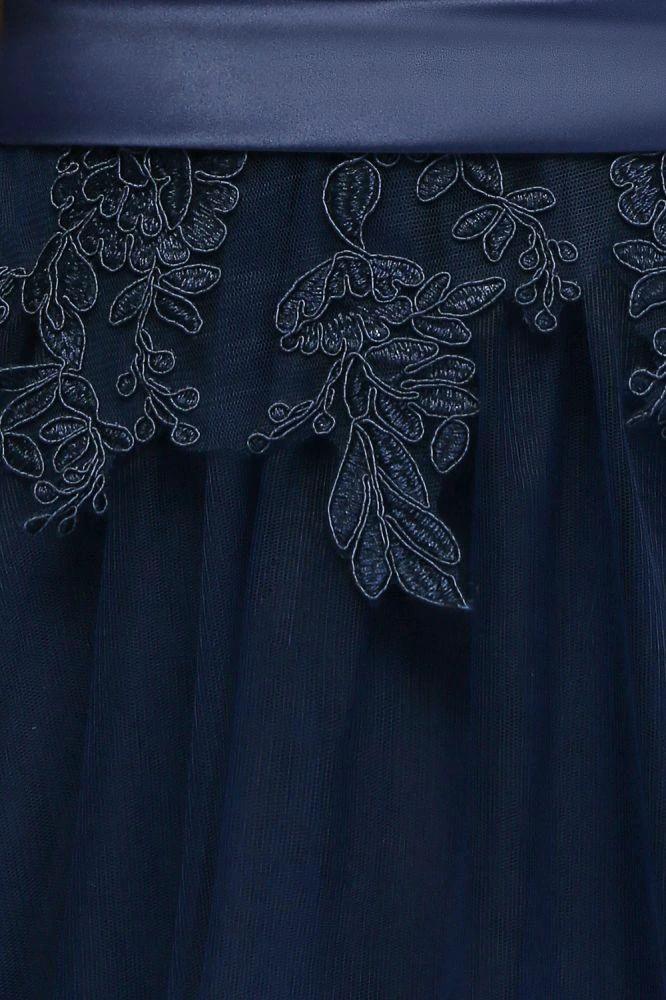 A-line Half Sleeves Floor Length Slit Appliqued Tulle Prom Dresses with Sash