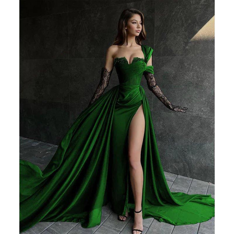 A Line Lace Appliques High Split Black Long Prom Formal Dress