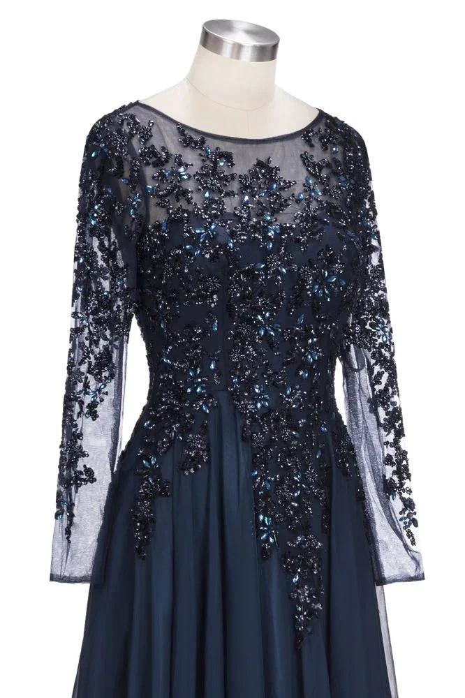 A-line Long Sleeves Plus Size Floor Length Crystals Tulle Prom Dresses