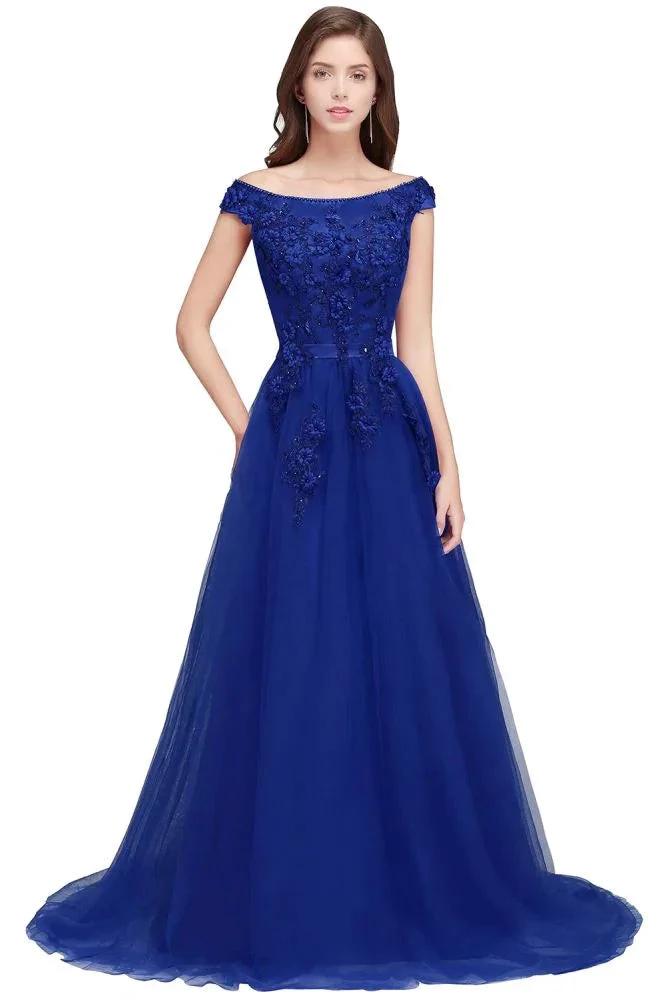 A-line Off-shoulder Floor-length Tulle Appliques Prom Dresses