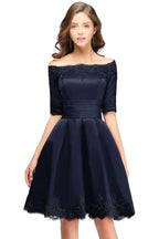 A-line Off-shoulder Half Sleeves Short Lace Appliques Prom Dresses