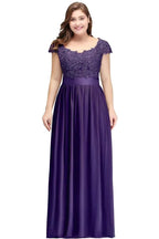 A-Line Scoop Floor Length Cap Sleeves Appliques Silver Evening Dresses with Sash