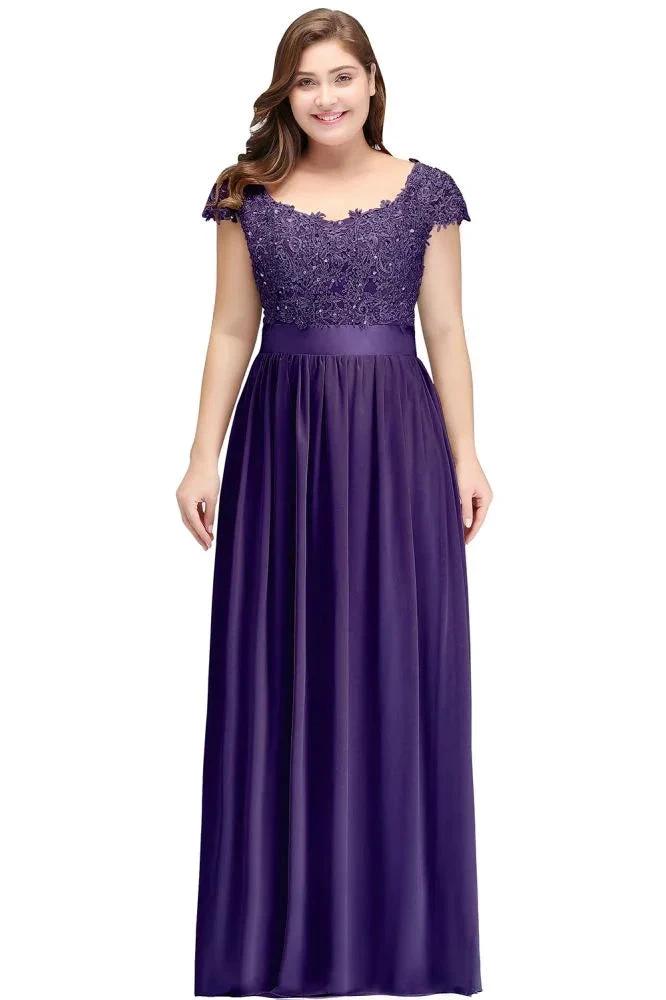 A-Line Scoop Floor Length Cap Sleeves Appliques Silver Evening Dresses with Sash