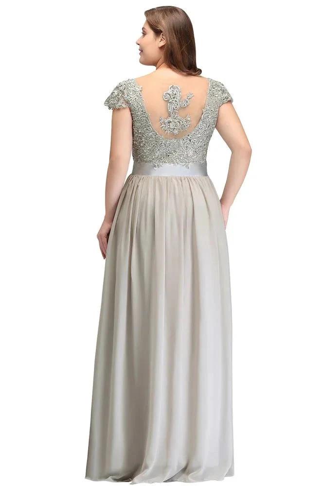 A-Line Scoop Floor Length Cap Sleeves Appliques Silver Evening Dresses with Sash