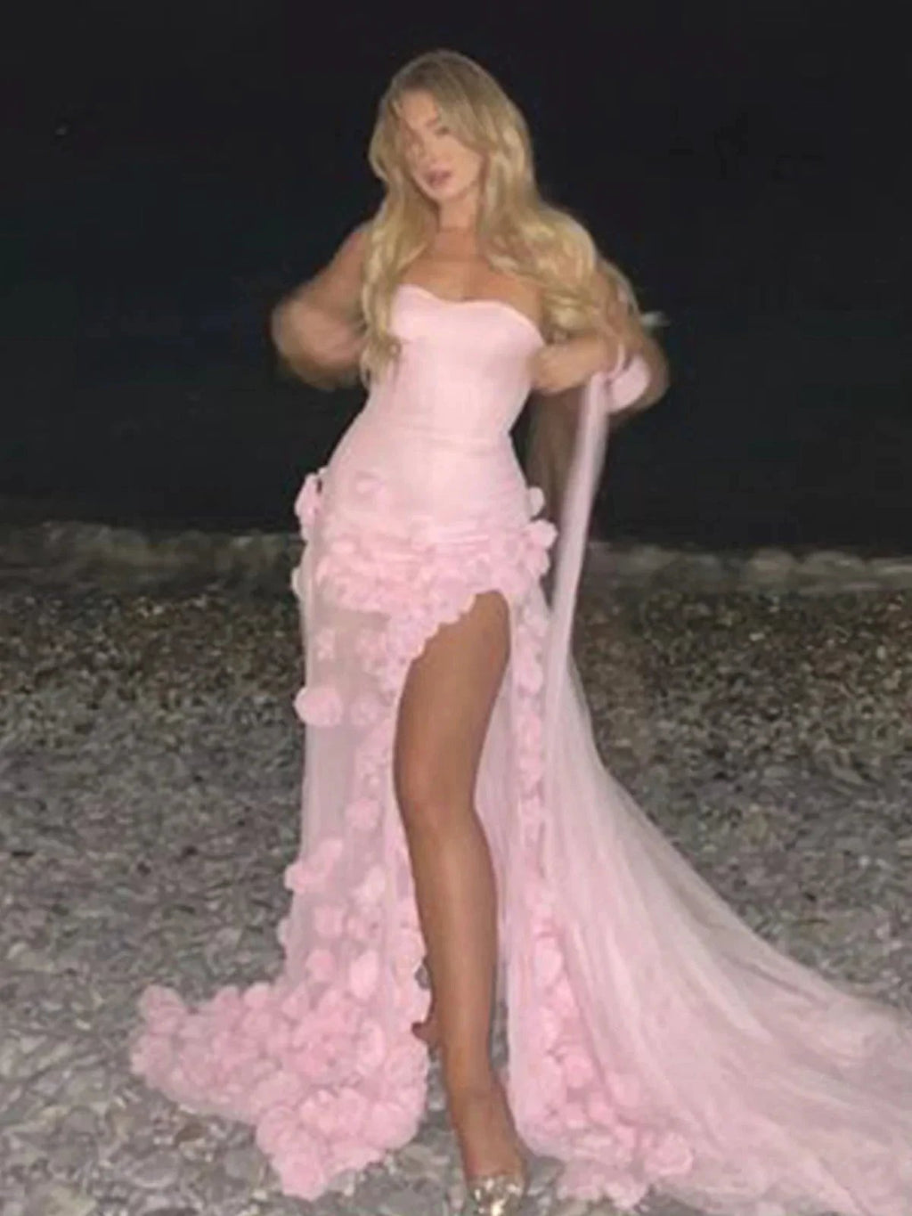 A line Sexy Sweetheart Sleeveless Pink Slit Flowers Prom Dress