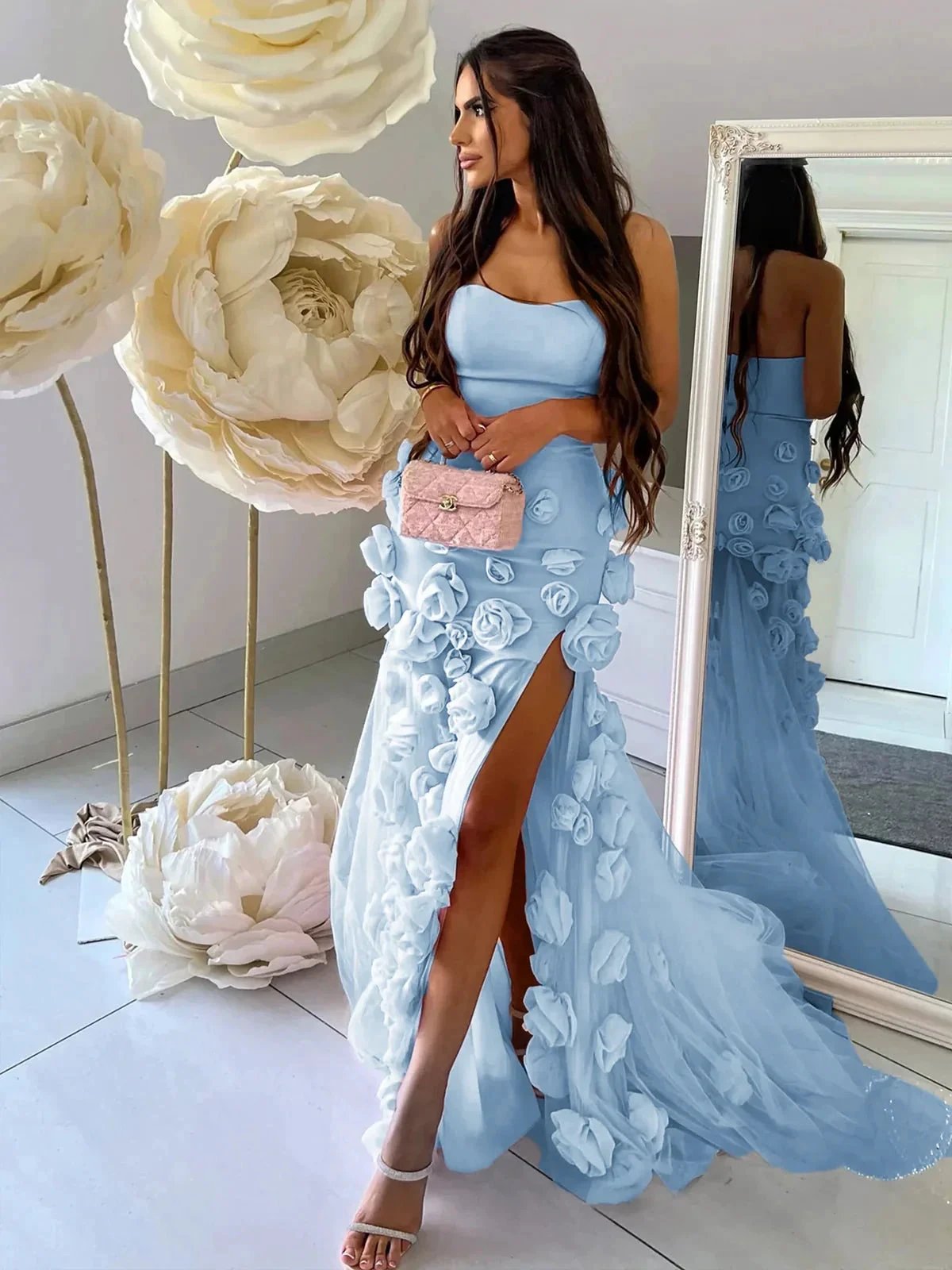 A line Sexy Sweetheart Sleeveless Pink Slit Flowers Prom Dress