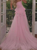 A line Sexy Sweetheart Sleeveless Pink Slit Flowers Prom Dress