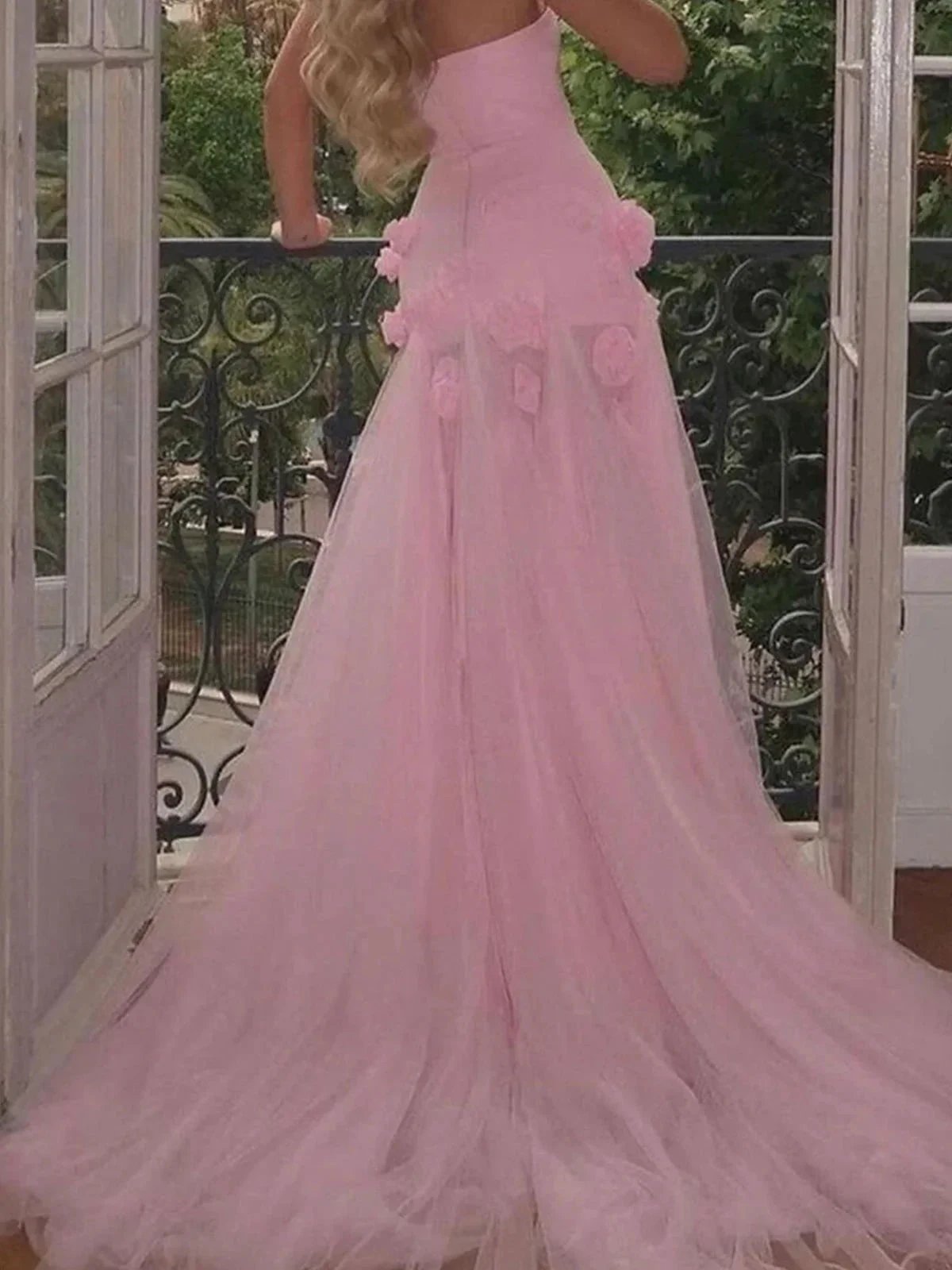 A line Sexy Sweetheart Sleeveless Pink Slit Flowers Prom Dress