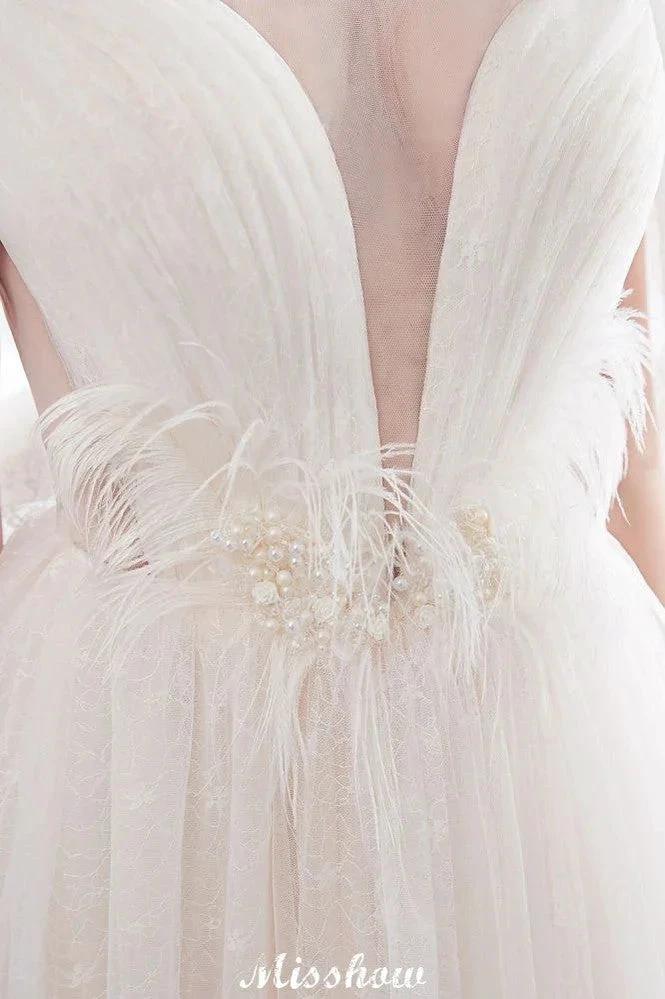 A-line Sleeveless Floor Length Lace Ivory Wedding Dress