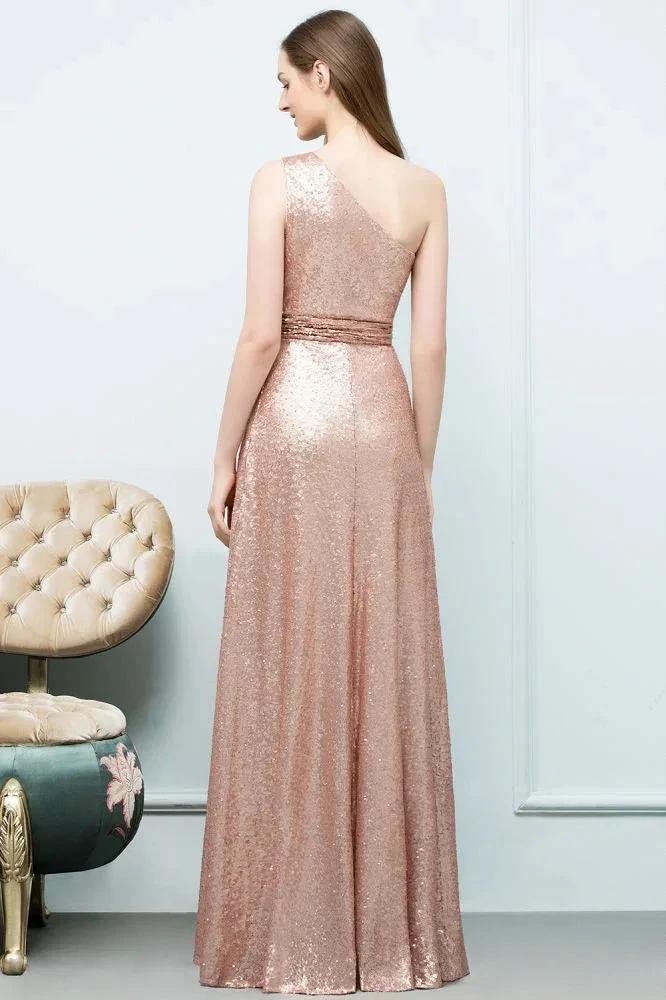 A-line Sleeveless Floor Length One-shoulder Sequins Prom Dresses