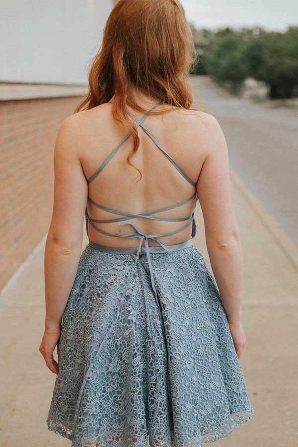 A-Line Spaghetti Straps Backless Above-Knee Blue Lace Homecoming Dress  PD273