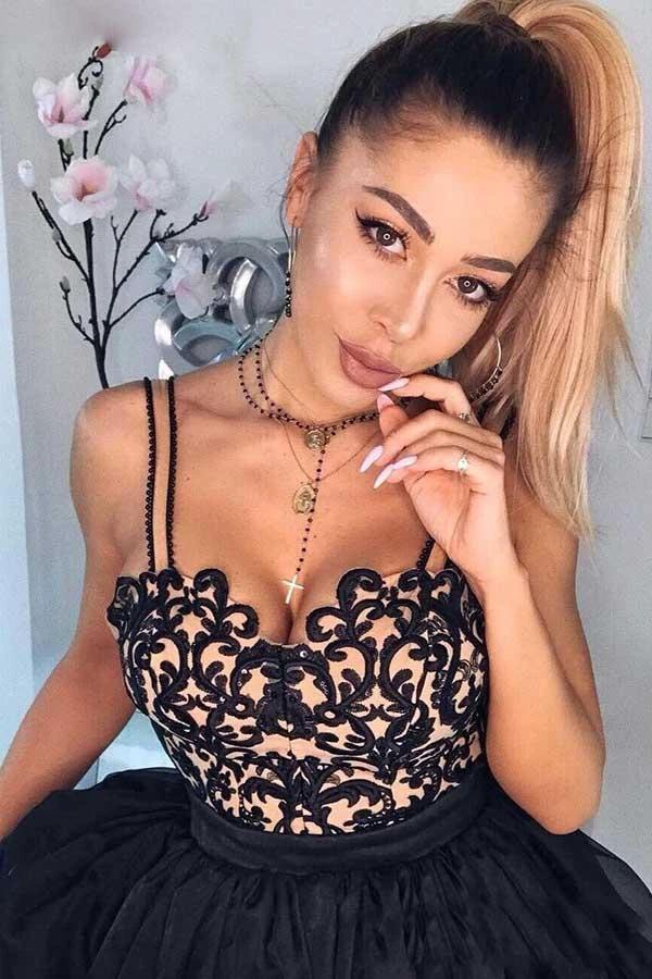 A-Line Spaghetti Straps Black Chiffon Homecoming Dress with Appliques PD068