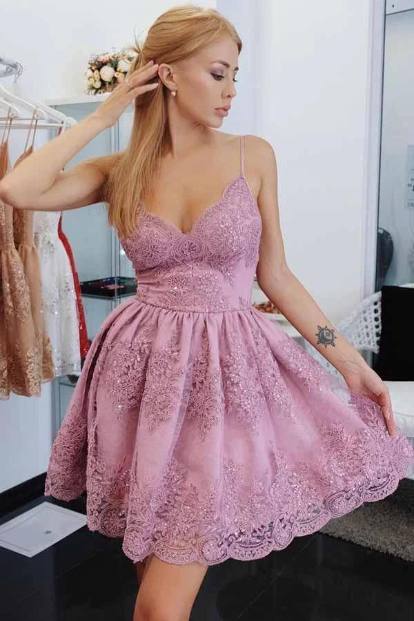 A-Line Spaghetti Straps Homecoming Prom Dress with Appliques PD056