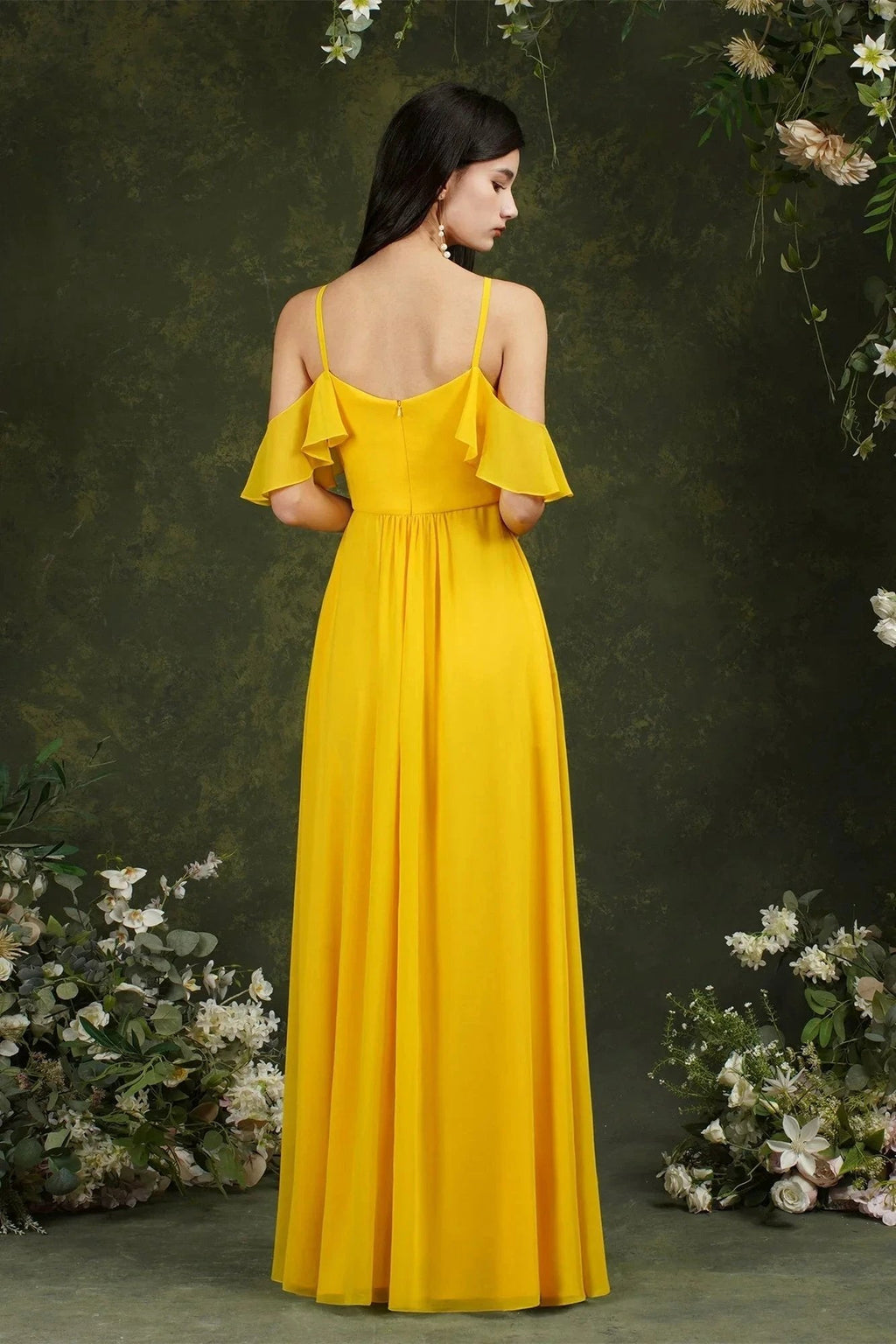 A-Line Spaghetti Straps Off-the-shoulder Ruffles Chiffon Bridesmaid Dress With Pockets