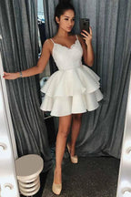 A-Line Spaghetti Straps Tiered Short Satin Homecoming Dress with Lace  PD025