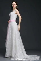 A-line Straps White Wedding Dress With Bowknot