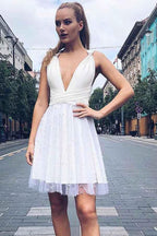 A-Line V-Neck Knee-Length Black Homecoming Dress with Beading PD037