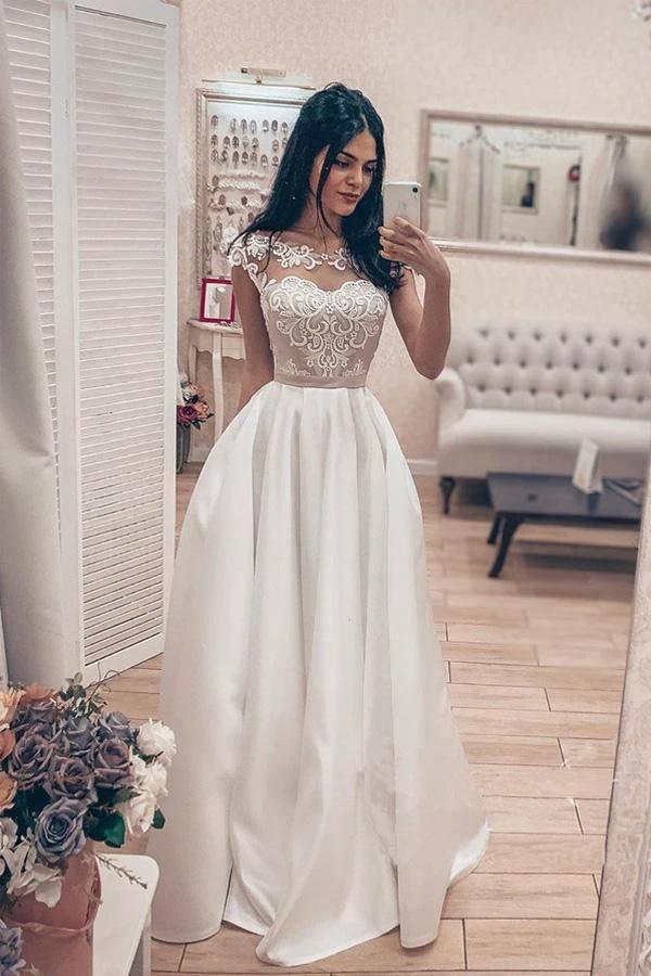 A Line Vintage Lace Bodice Bateau Corset Back Satin Wedding Dress WD523