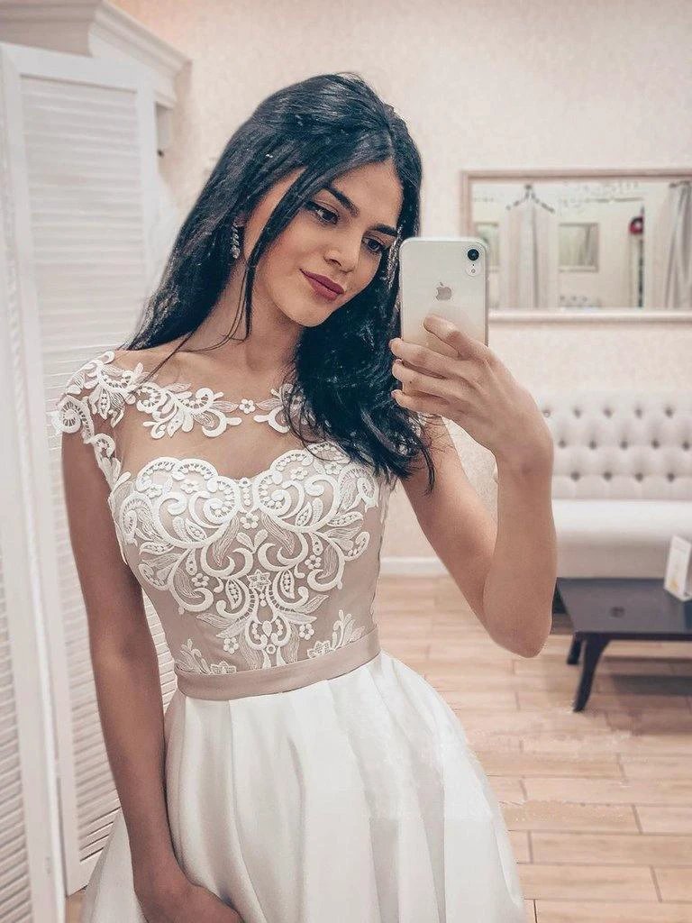 A Line Vintage Lace Bodice Bateau Corset Back Satin Wedding Dress WD523