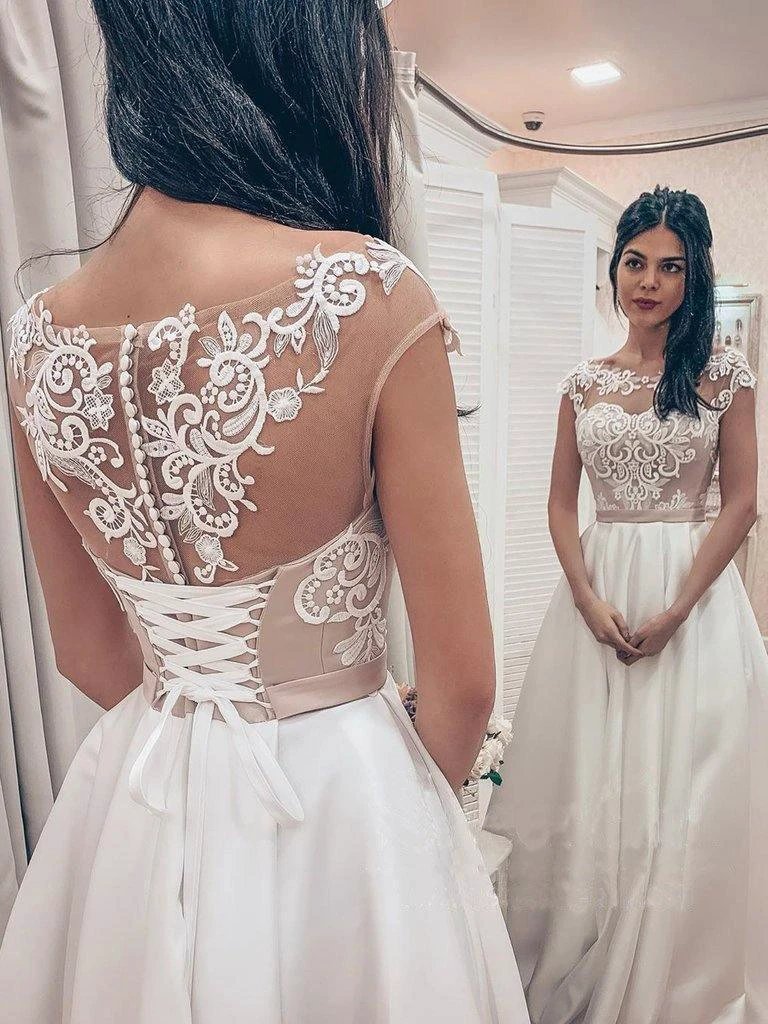 A Line Vintage Lace Bodice Bateau Corset Back Satin Wedding Dress WD523