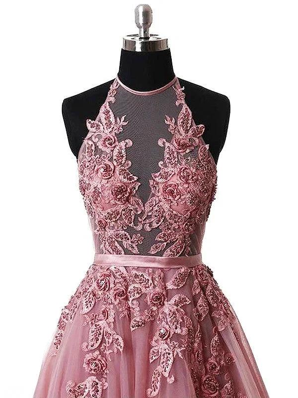 A-Line/Elegant Halter Sleeveless Applique Tulle Prom Dresses