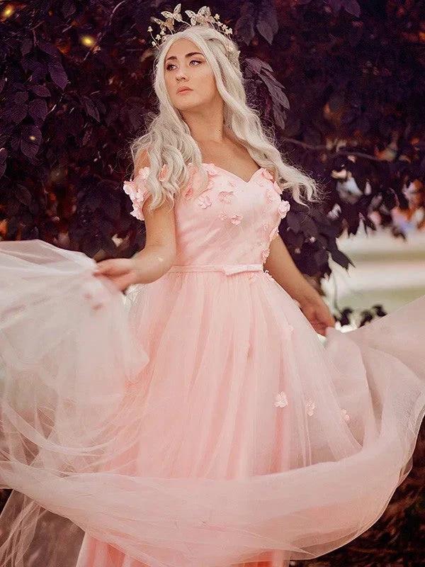 A-Line/Elegant Off-the-Shoulder Applique Tulle Sleeveless Floor-Length Prom Dresses