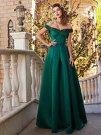A-Line/Elegant Off-the-Shoulder Sequin Sleeveless Satin Floor-Length Prom Dresses