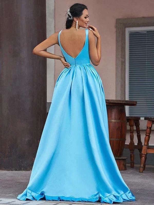 A-Line/Elegant Satin Ruffles V-neck Sleeveless Asymmetrical Prom Dresses