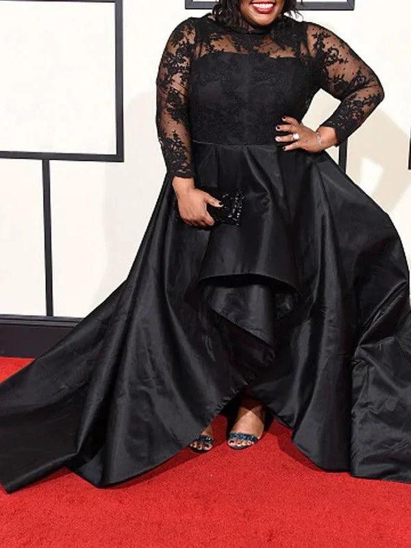 A-Line/Elegant Sheer Neck Long Sleeves Applique Asymmetrical Satin Plus Size Prom Dresses