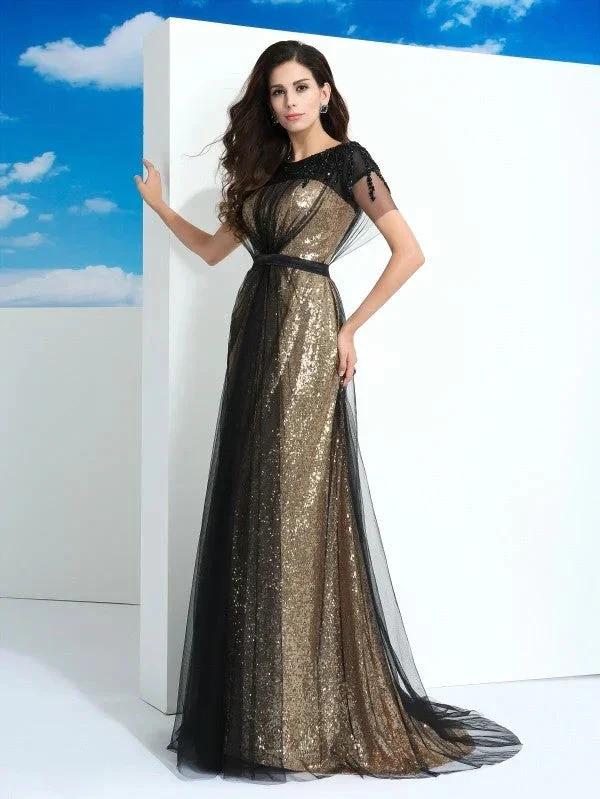 A-Line/Elegant Sheer Neck Paillette Short Sleeves Long Net Prom Dresses