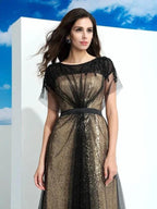 A-Line/Elegant Sheer Neck Paillette Short Sleeves Long Net Prom Dresses