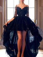 A-Line/Elegant Spaghetti Straps Sleeveless High Low Lace Prom Dresses