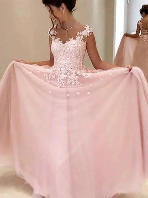 A-Line/Elegant Sweetheart Sleeveless Floor-Length Applique Tulle Prom Dresses