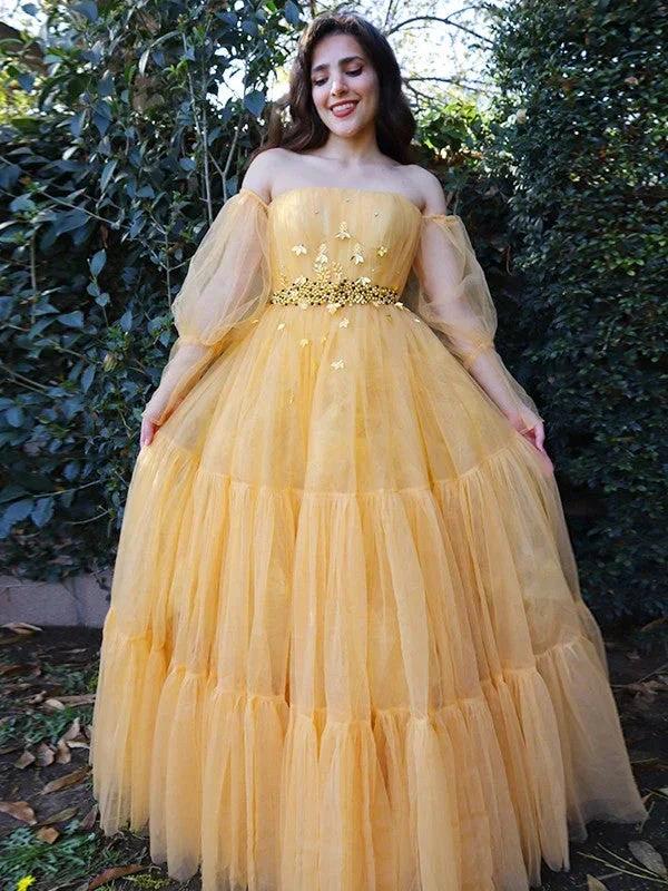 A-Line/Elegant Tulle Beading Off-the-Shoulder Long Sleeves Floor-Length Prom Dresses