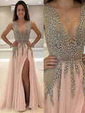A-Line/Elegant V-Neck Sleeveless Beading Tulle Prom Dresses