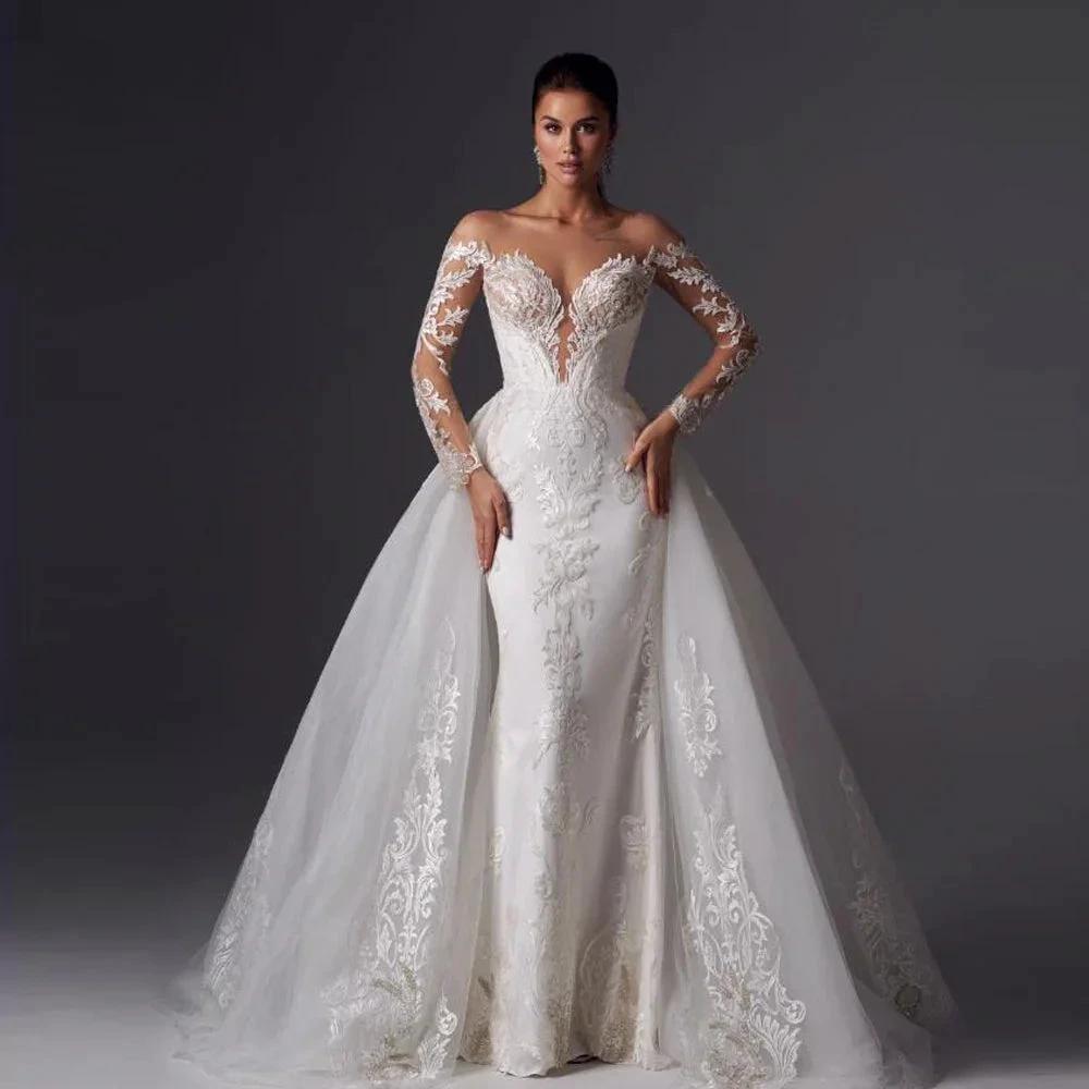 Loverxu Mermaid Vintage Wedding Dresses 2023 Sweetheart Long Sleeve Vestido De Novia Appliques Detachable Train Robe De Mariee