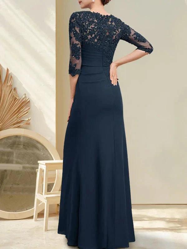 A-line Scoop Floor-Length Chiffon Lace Mother of the Bride Dress With Beading Pleated Sequins
