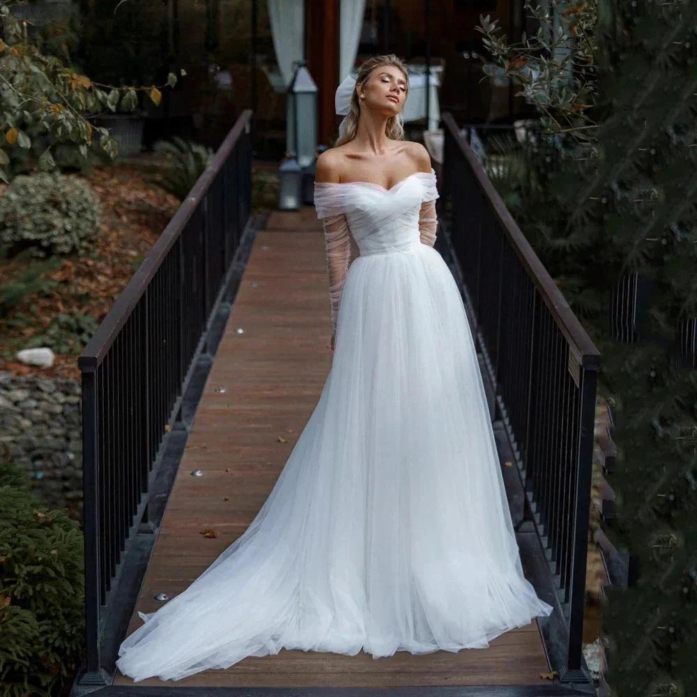 Simple Tulle Long Sleevees Wedding Dresses 2023 For Bridal Off Shoulder Backless A-Line Sweep Train Boho Vestido De Novia