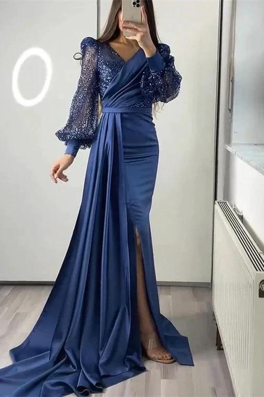 Long Sleeves V-neck Satin Mermaid Prom Dresses with Split