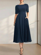 A-line Scoop Tea-Length Chiffon Mother of the Bride Dress With Appliques Lace Sequins