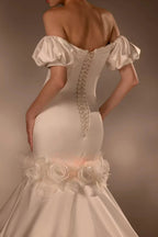 Gorgeous Long Mermaid Off-the-Shoulder Puff Sleeve Satin Wedding Dress with 3D Flower & Lace-Up Back & Tulle Train Q6012