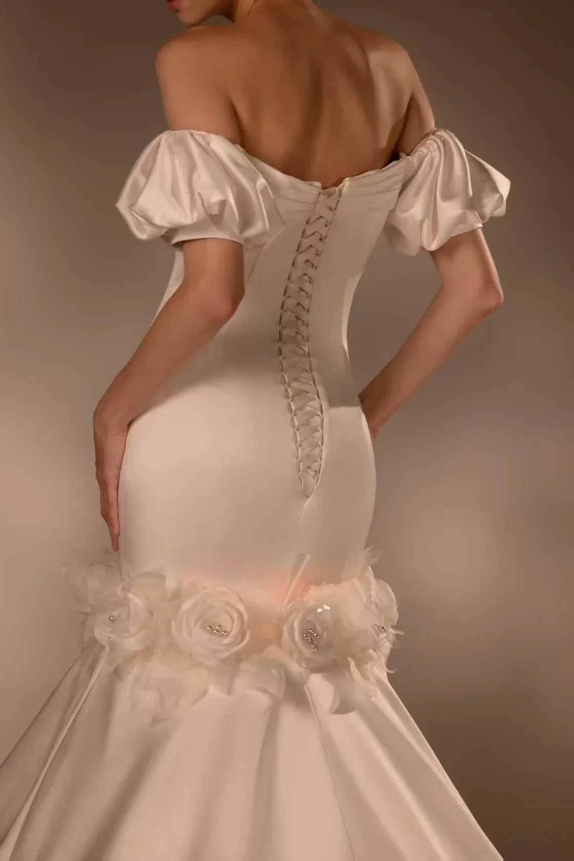 Gorgeous Long Mermaid Off-the-Shoulder Puff Sleeve Satin Wedding Dress with 3D Flower & Lace-Up Back & Tulle Train Q6012