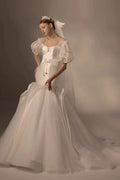 Elegant Mermaid Square Neck Organza Puff Sleeve Satin Wedding Dress with Crystal Trim & Lace-Up Back Q6019