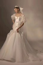 Elegant Mermaid Square Neck Organza Puff Sleeve Satin Wedding Dress with Crystal Trim & Lace-Up Back Q6019