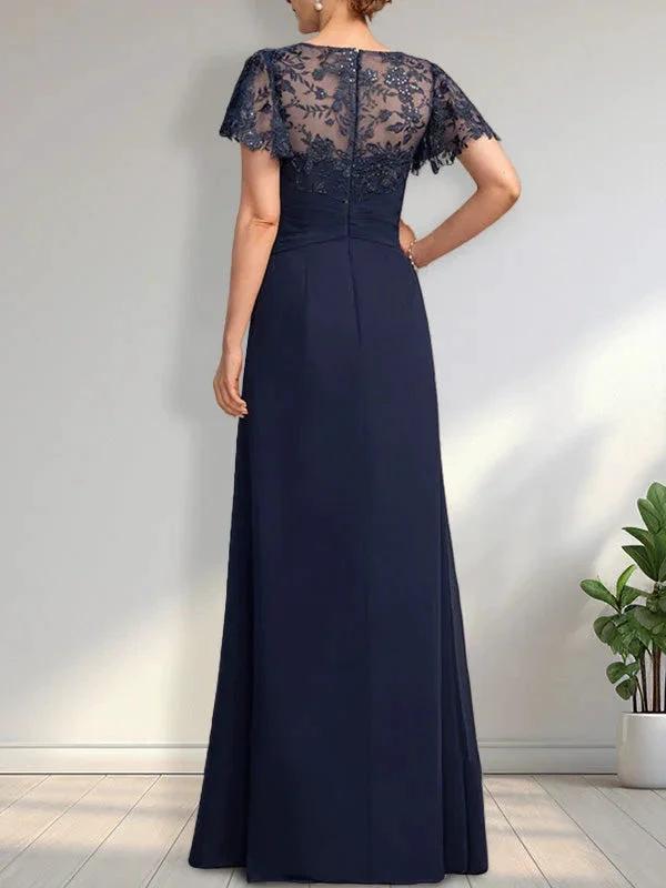 A-line Asymmetrical Illusion Floor-Length Lace Chiffon Mother of the Bride Dress With Cascading Ruffles Sequins