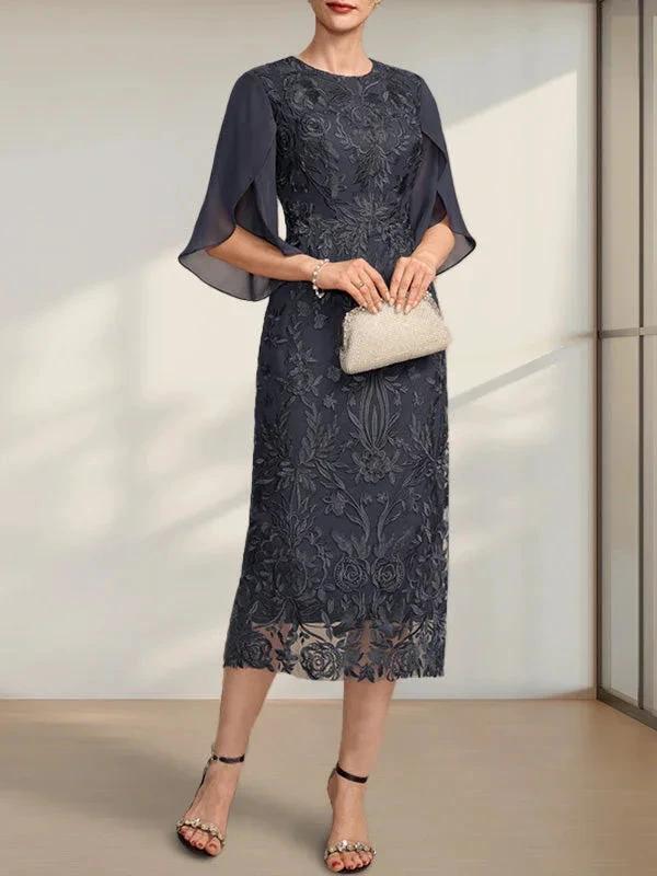 Sheath/Column Scoop Tea-Length Lace Chiffon Mother of the Bride Dress