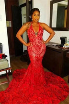 Halter Deep V Neck Open Back Sexy Lace Mermaid Prom Gown